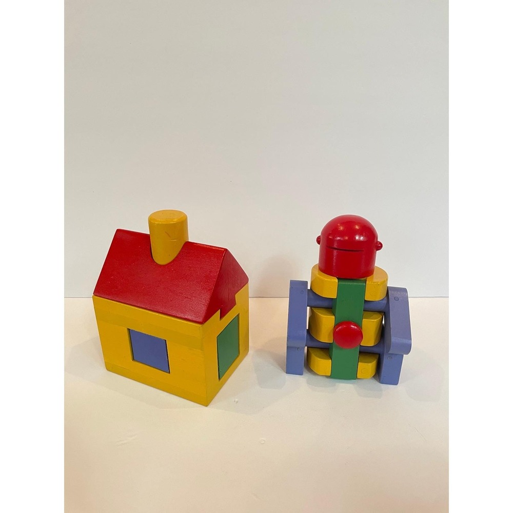 RARE Vintage IKEA Wood Building Blocks Robot and House Set Primary Colors